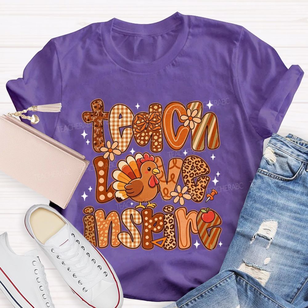 Teach Love Inspire Turkey Retro Fall Thanksgiving Teacher T-shirt