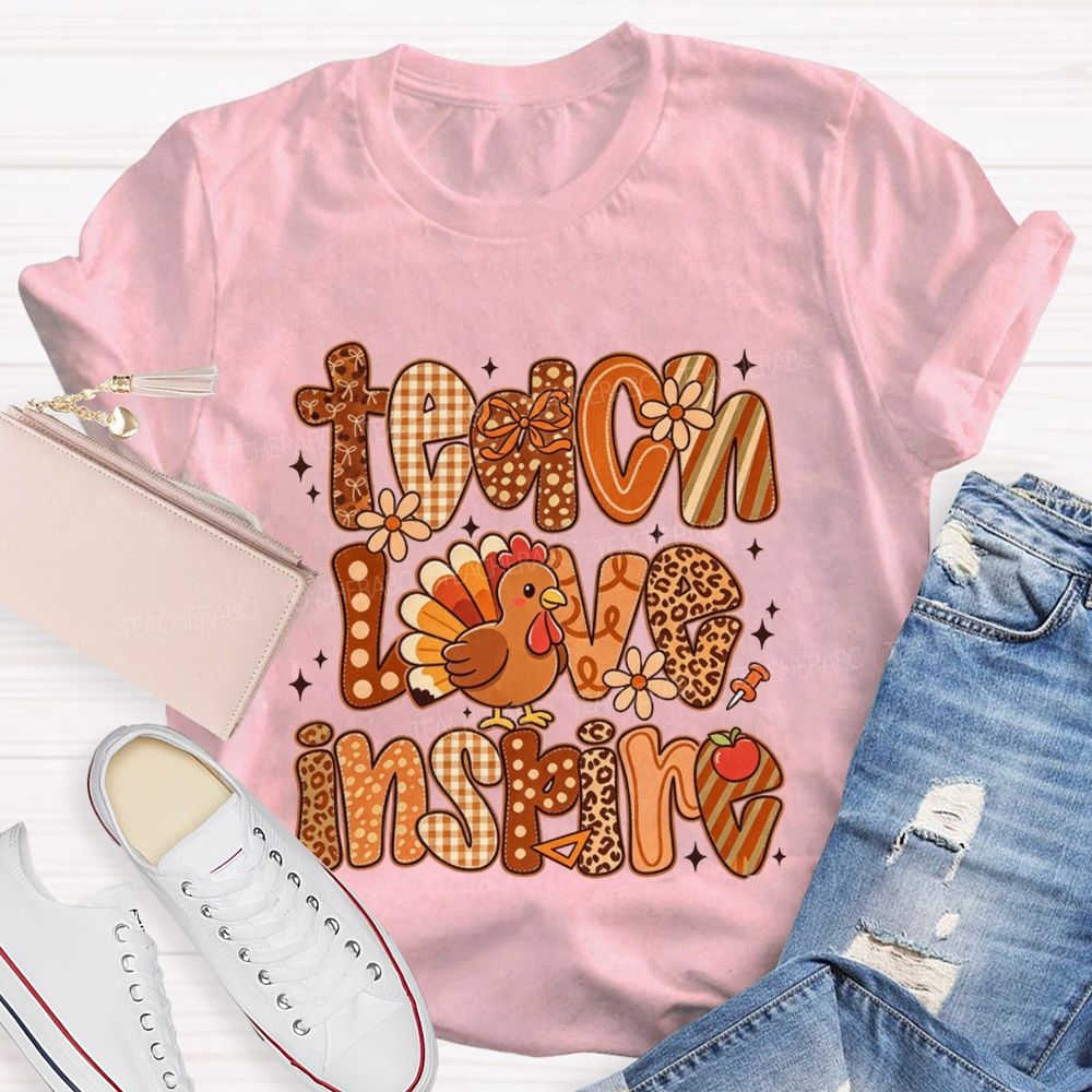 Teach Love Inspire Turkey Retro Fall Thanksgiving Teacher T-shirt