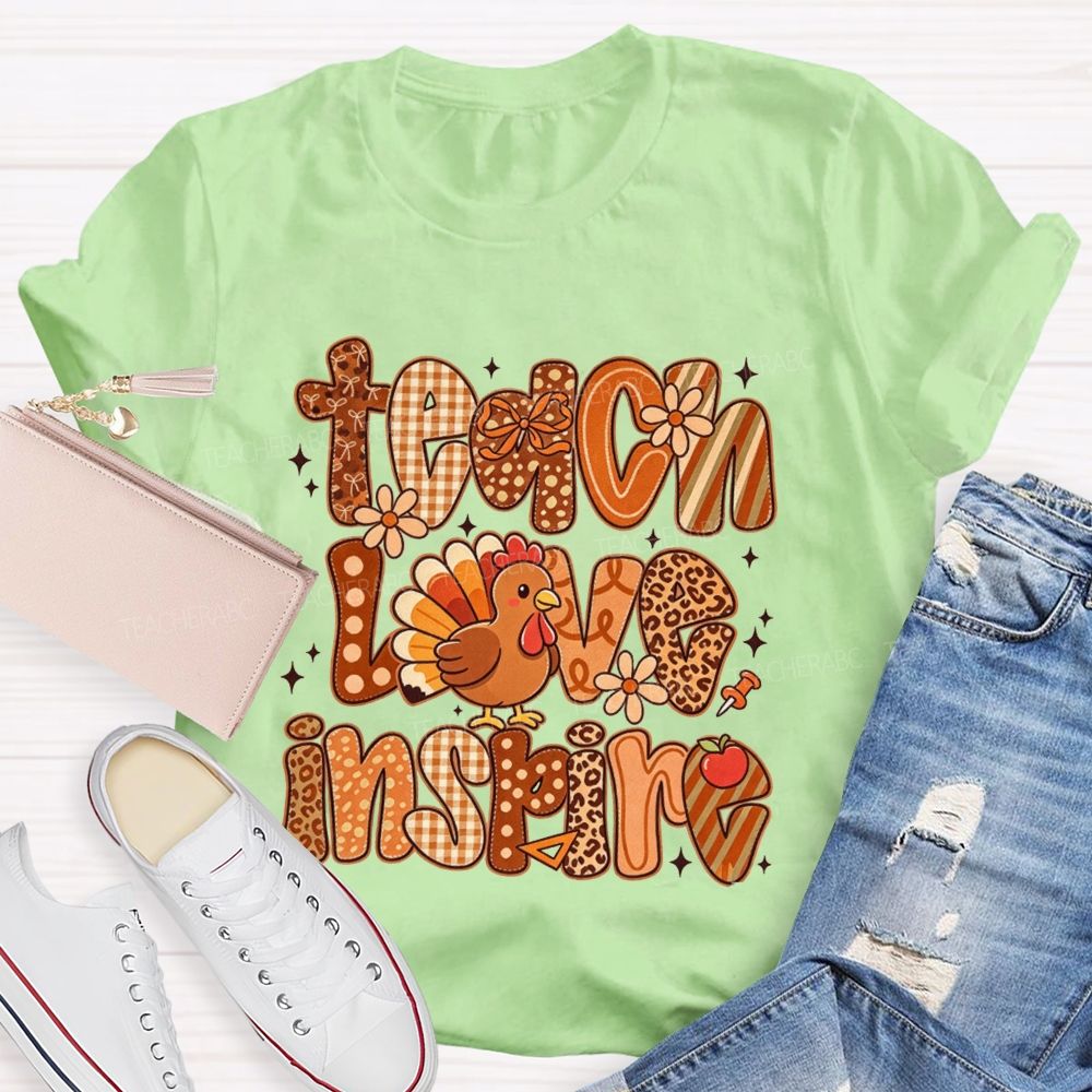 Teach Love Inspire Turkey Retro Fall Thanksgiving Teacher T-shirt