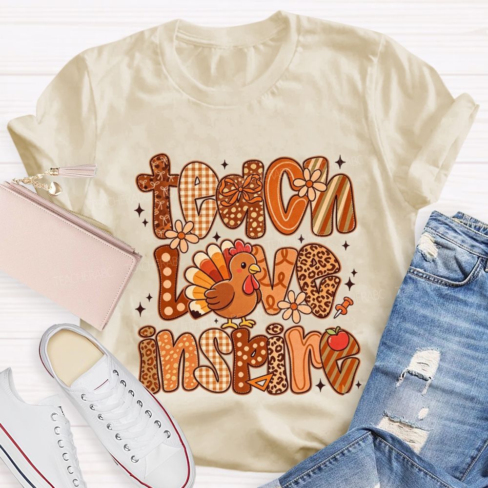 Teach Love Inspire Turkey Retro Fall Thanksgiving Teacher T-shirt
