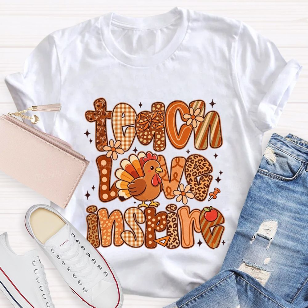 Teach Love Inspire Turkey Retro Fall Thanksgiving Teacher T-shirt