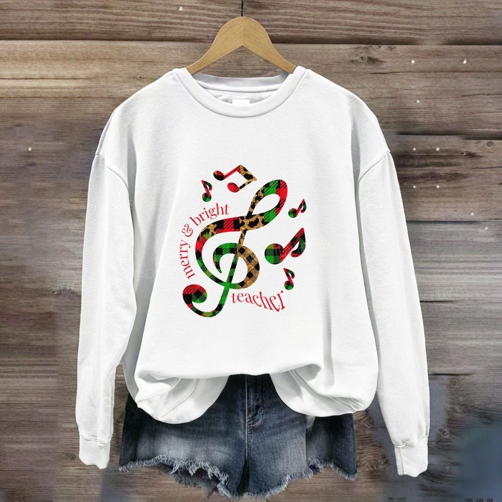 Merry And Bright Music Teacher Leopard Plaid Holiday Sweatshirt