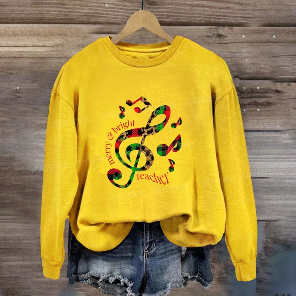Merry And Bright Music Teacher Leopard Plaid Holiday Sweatshirt