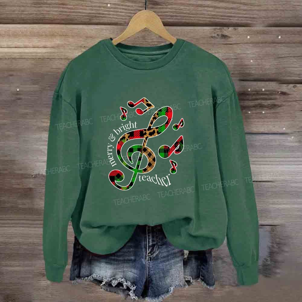 Merry And Bright Music Teacher Leopard Plaid Holiday Sweatshirt