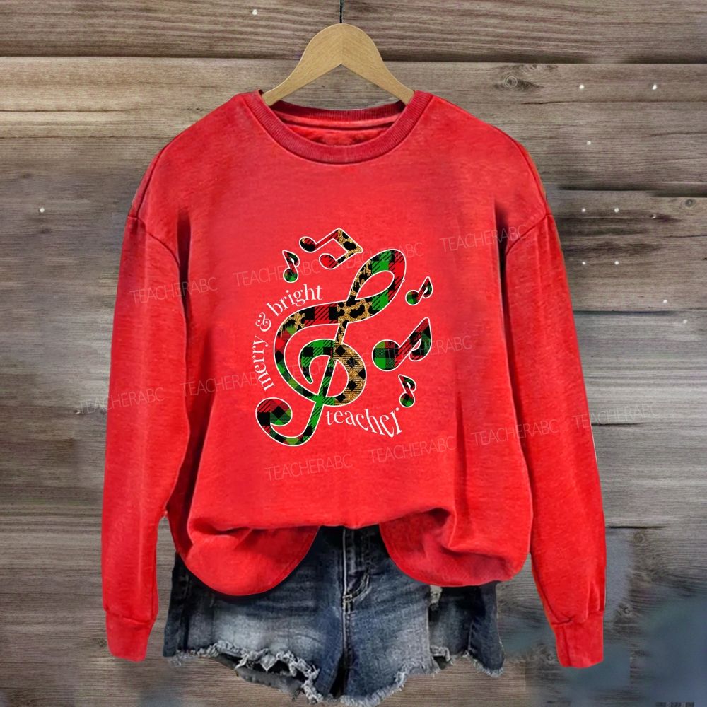 Merry And Bright Music Teacher Leopard Plaid Holiday Sweatshirt