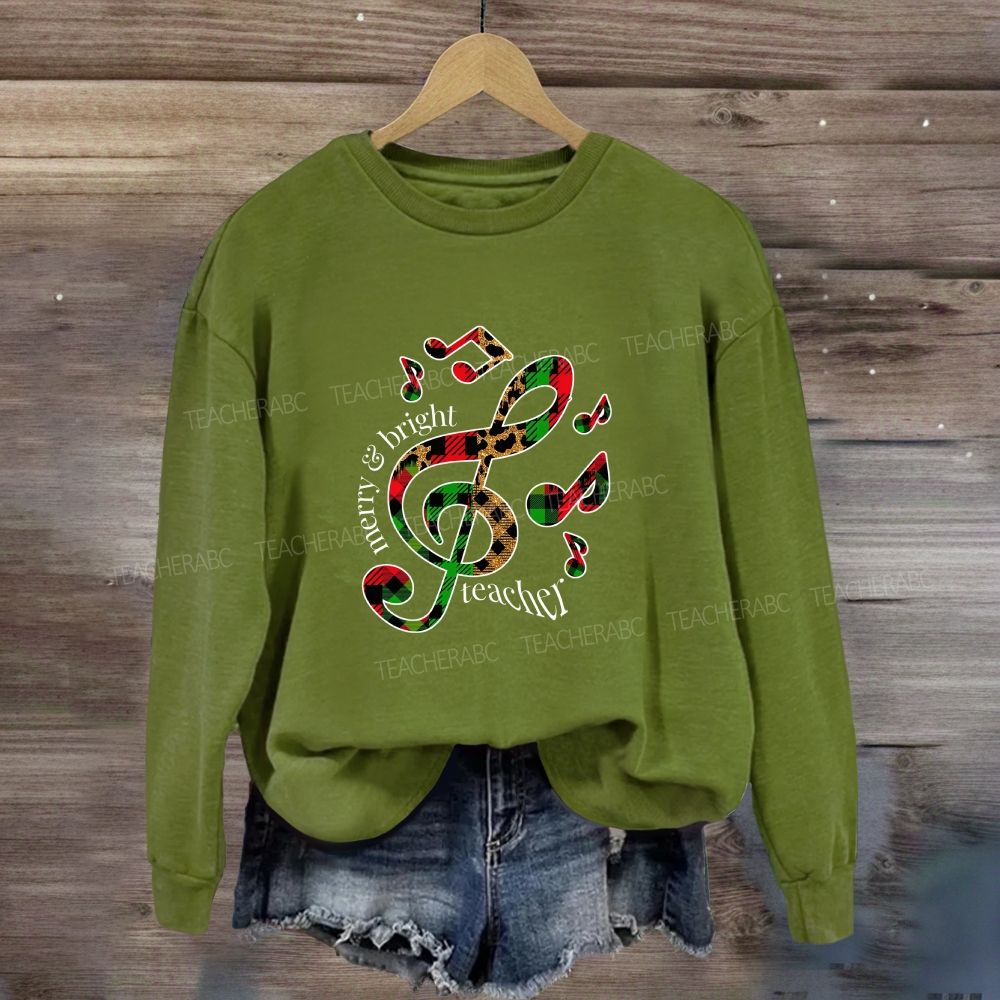 Merry And Bright Music Teacher Leopard Plaid Holiday Sweatshirt