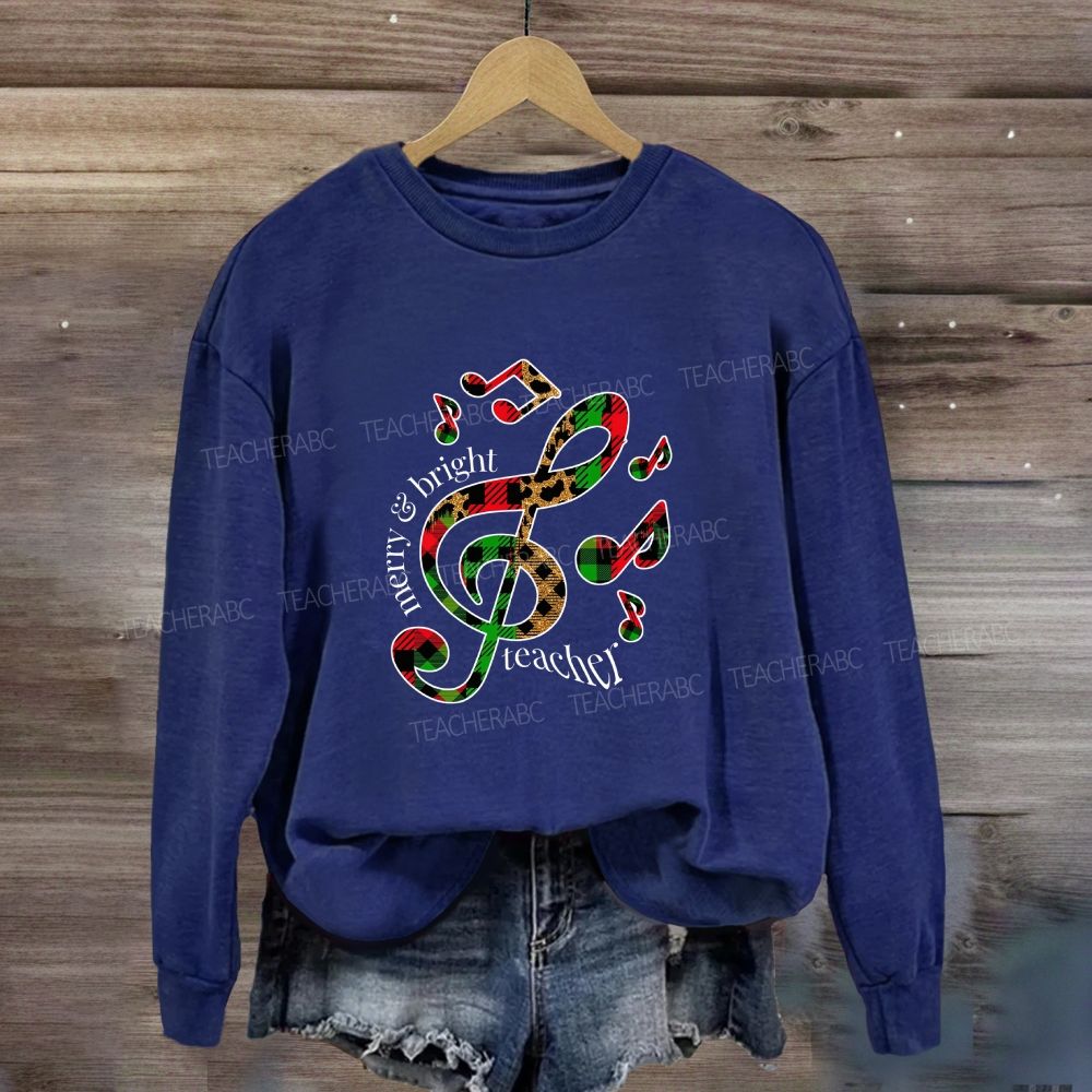 Merry And Bright Music Teacher Leopard Plaid Holiday Sweatshirt