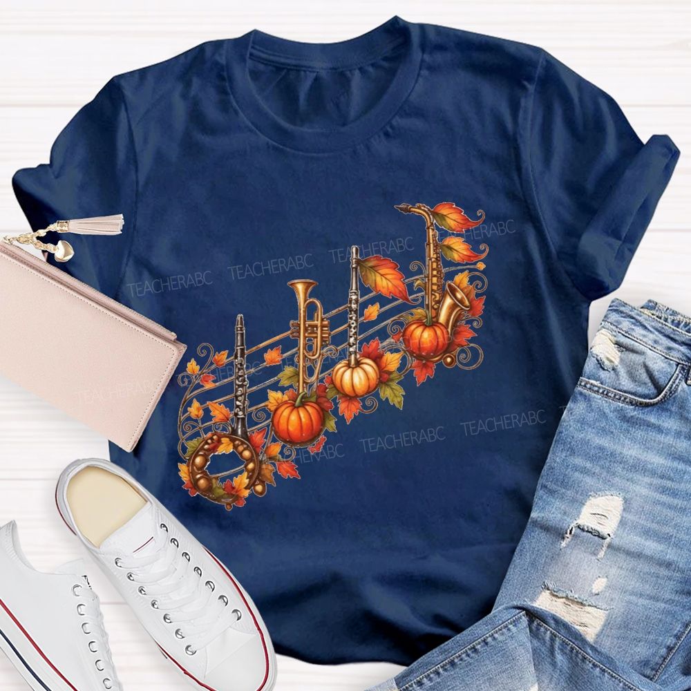 Autumn Pumpkin Maple Leaf Music Teacher T-shirt