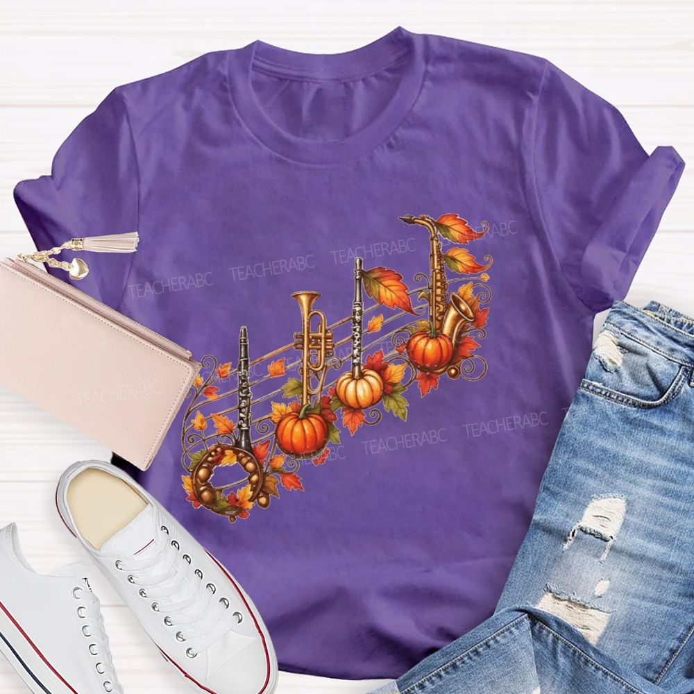 Autumn Pumpkin Maple Leaf Music Teacher T-shirt