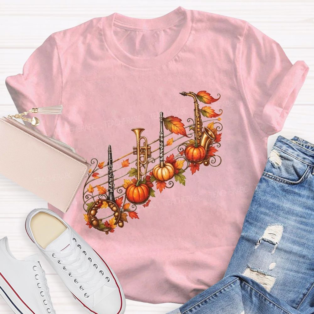 Autumn Pumpkin Maple Leaf Music Teacher T-shirt