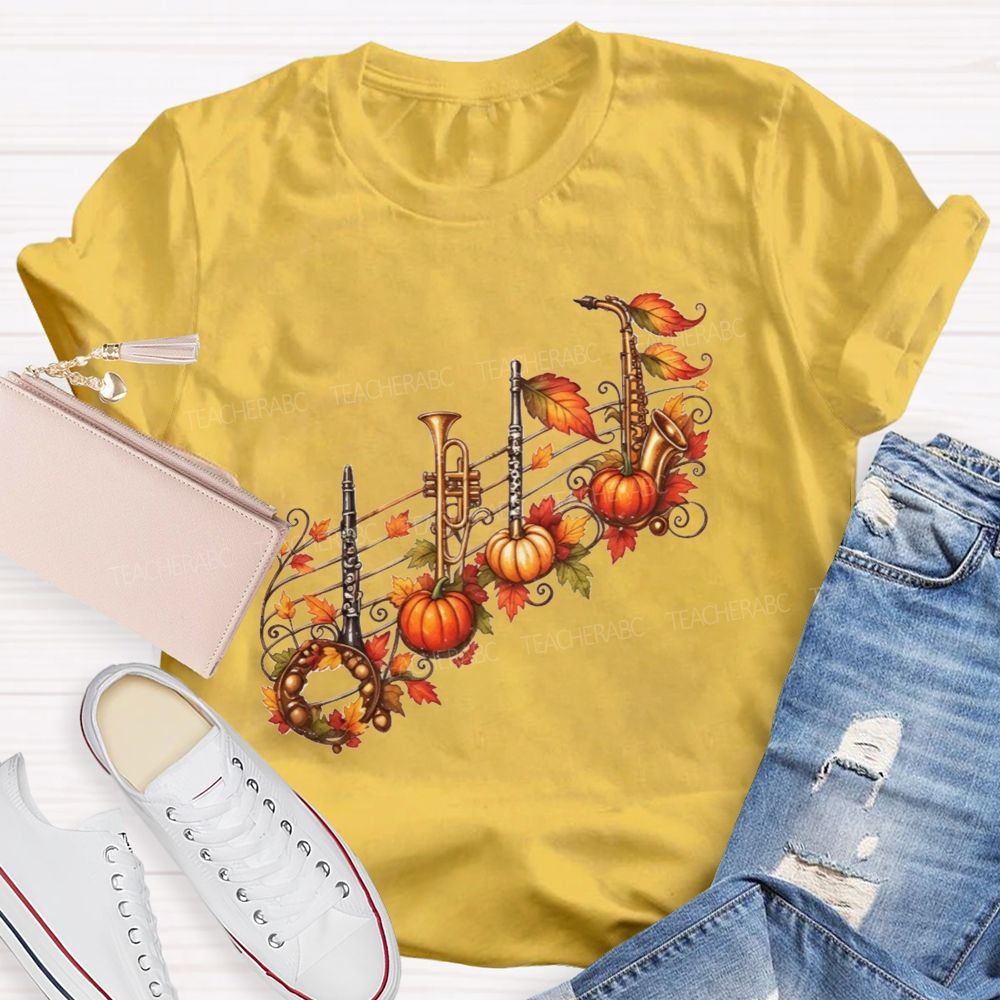 Autumn Pumpkin Maple Leaf Music Teacher T-shirt