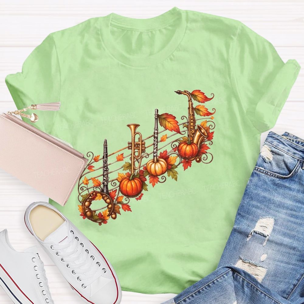 Autumn Pumpkin Maple Leaf Music Teacher T-shirt