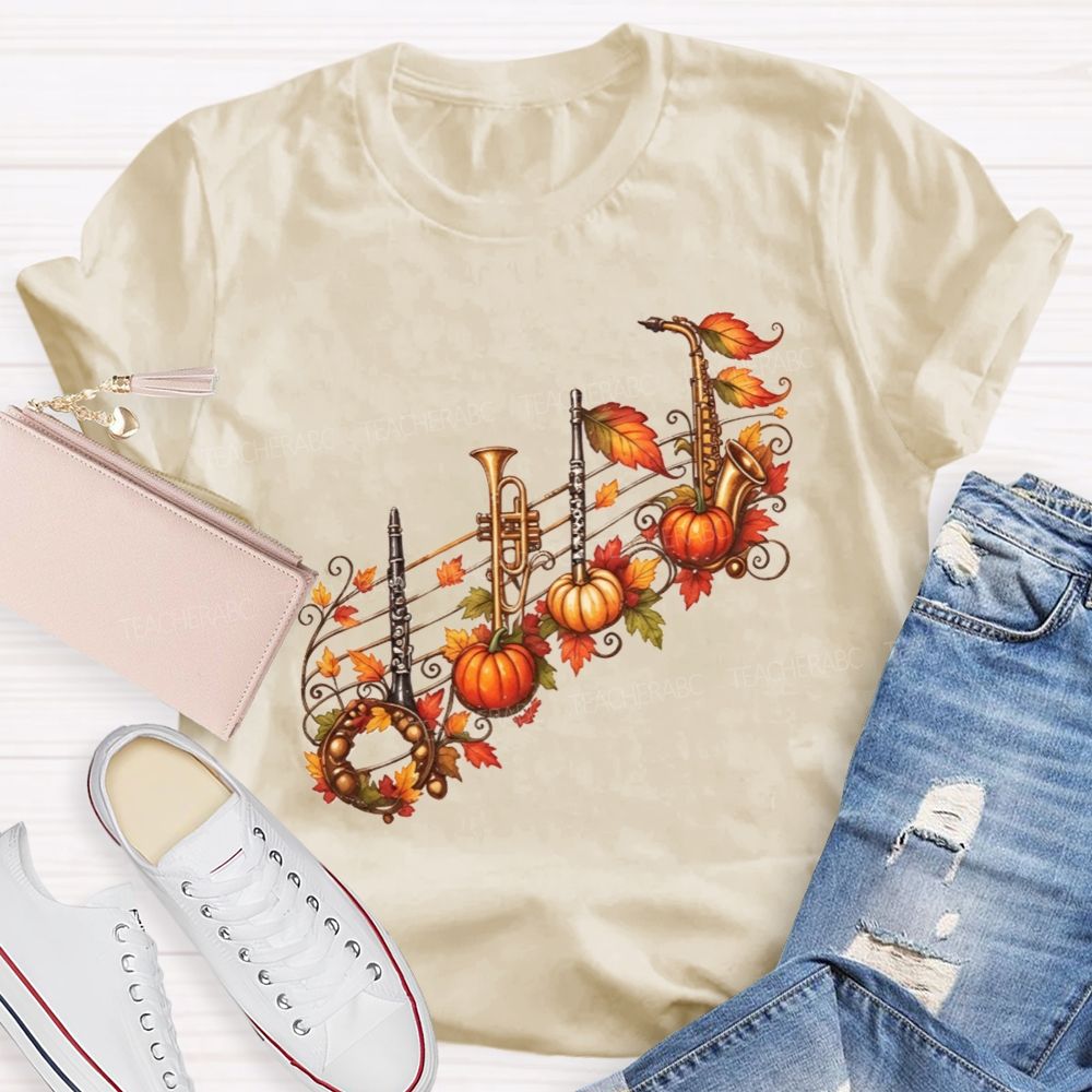 Autumn Pumpkin Maple Leaf Music Teacher T-shirt