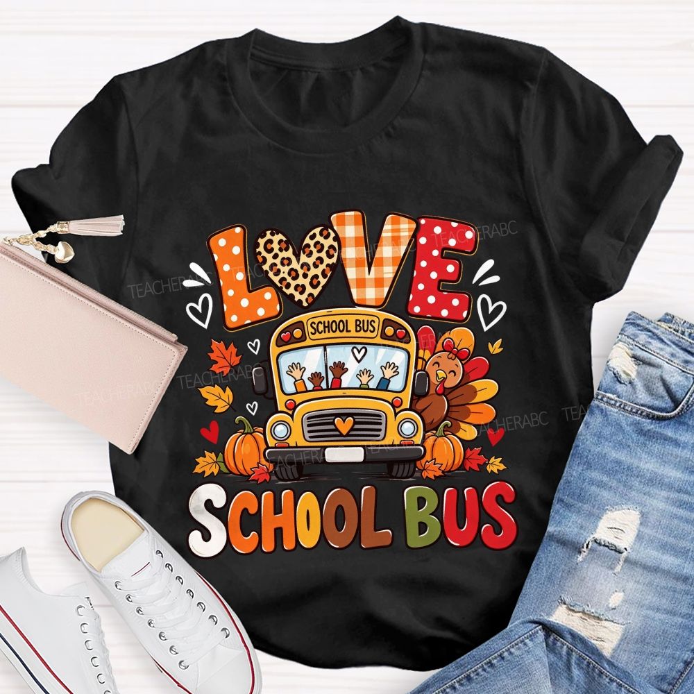 Love School Bus Fall Thanksgiving Leopard Plaid T-shirt