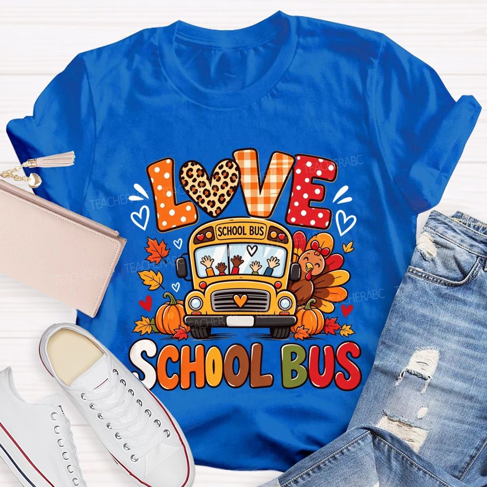 Love School Bus Fall Thanksgiving Leopard Plaid T-shirt