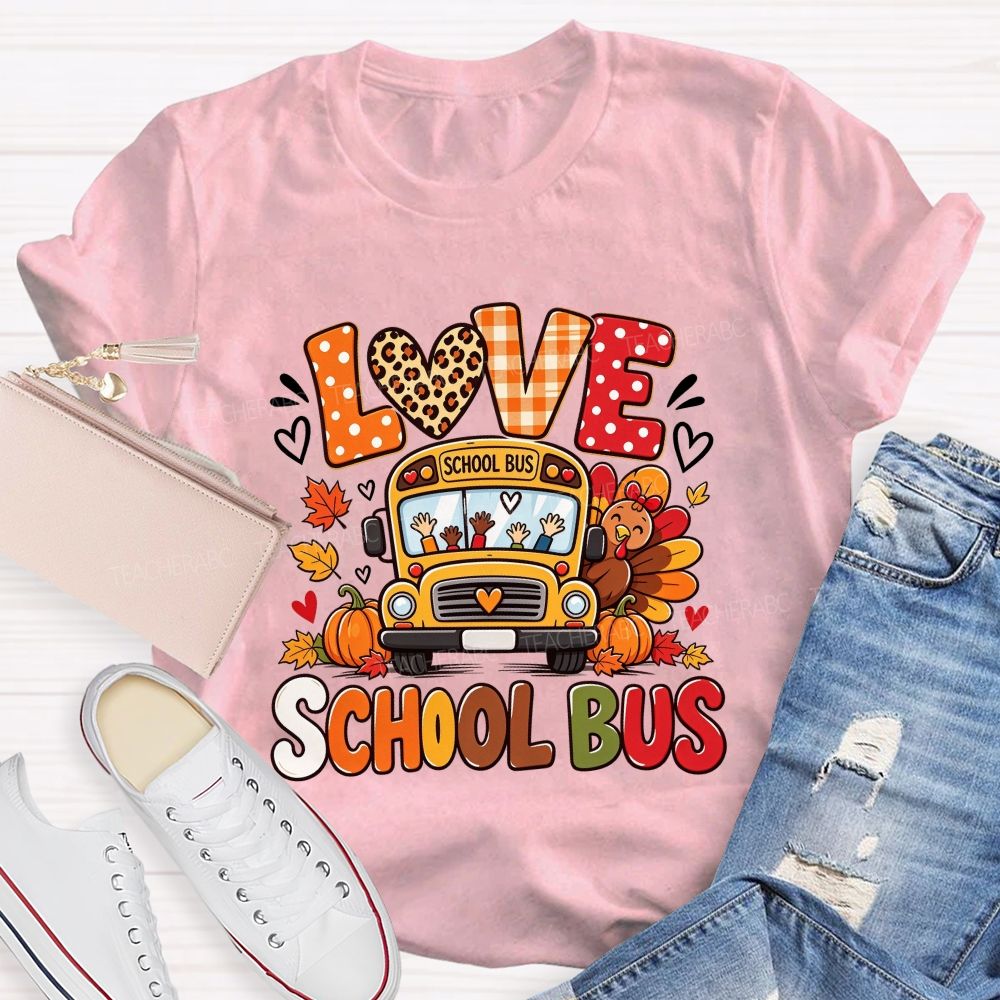 Love School Bus Fall Thanksgiving Leopard Plaid T-shirt