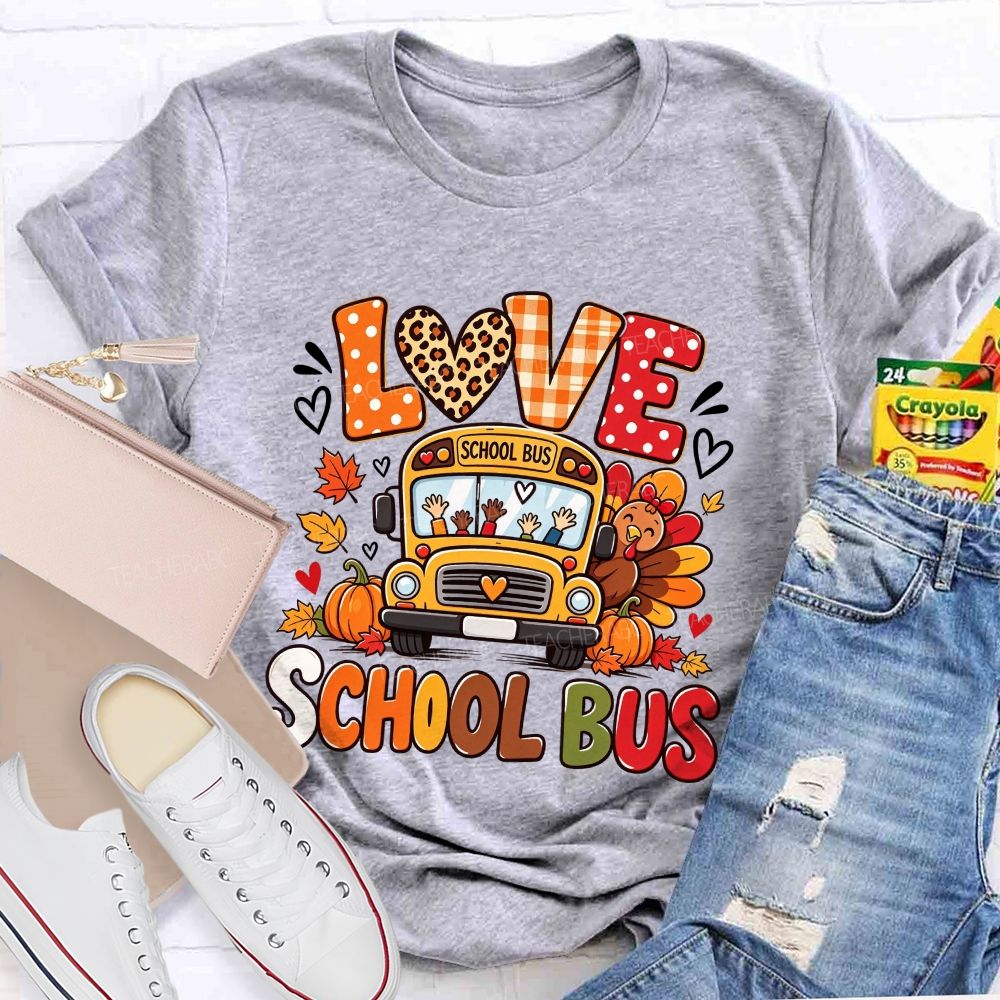 Love School Bus Fall Thanksgiving Leopard Plaid T-shirt