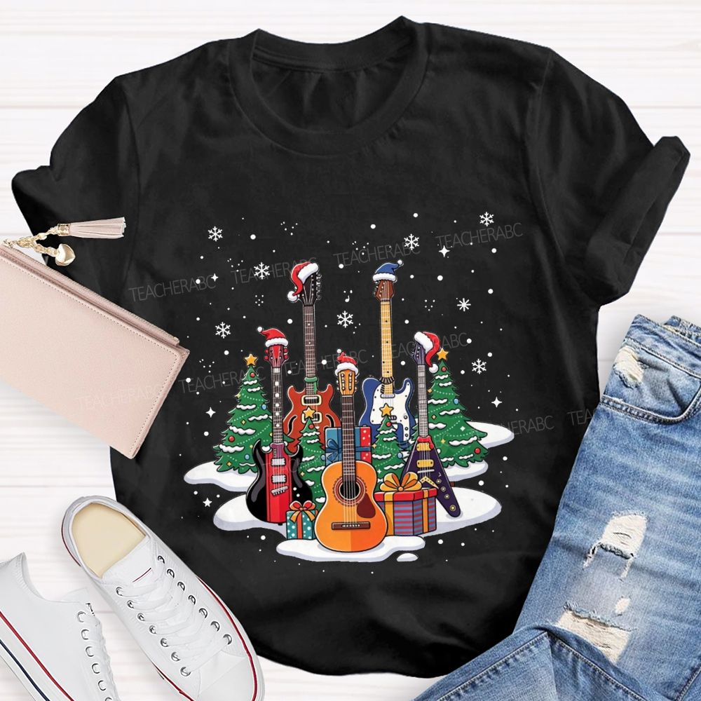 Festive Santa Hat Guitars Christmas Art Teacher T-shirt