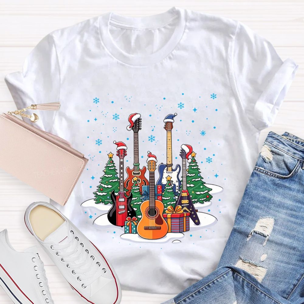 Festive Santa Hat Guitars Christmas Art Teacher T-shirt