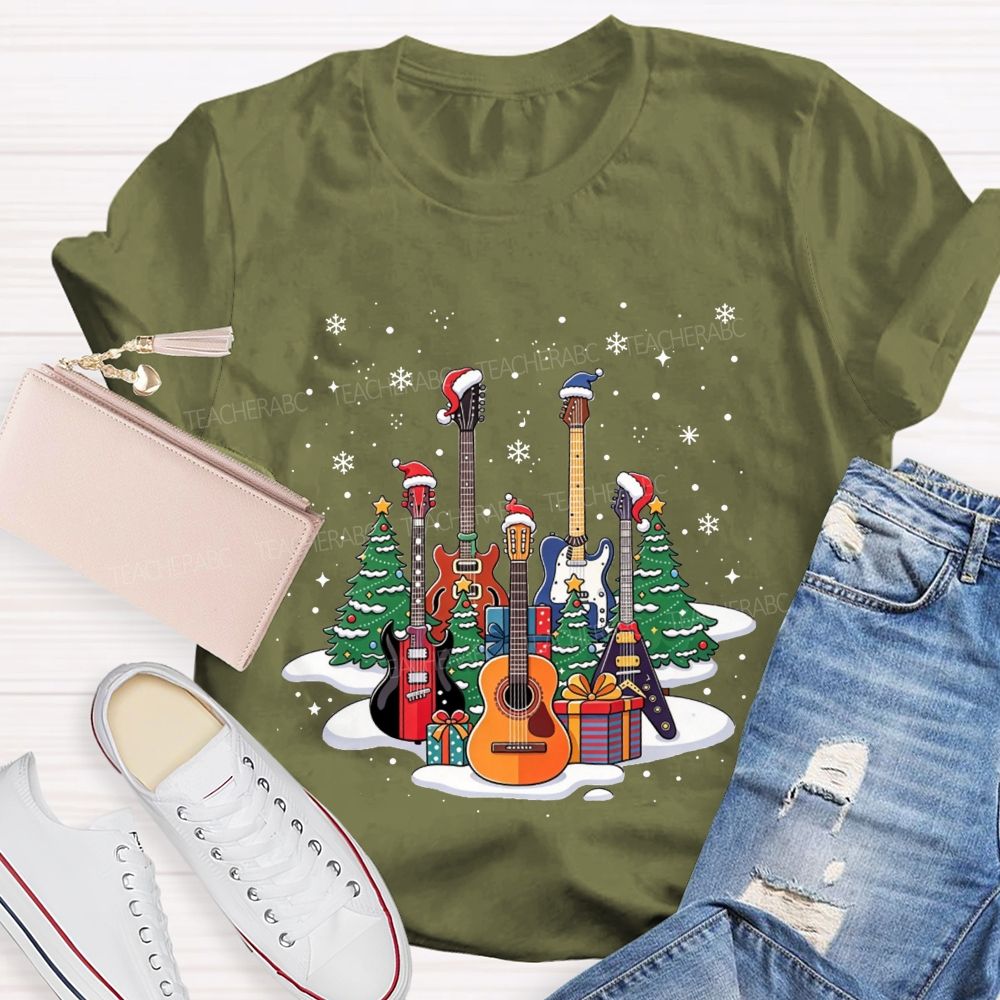 Festive Santa Hat Guitars Christmas Art Teacher T-shirt