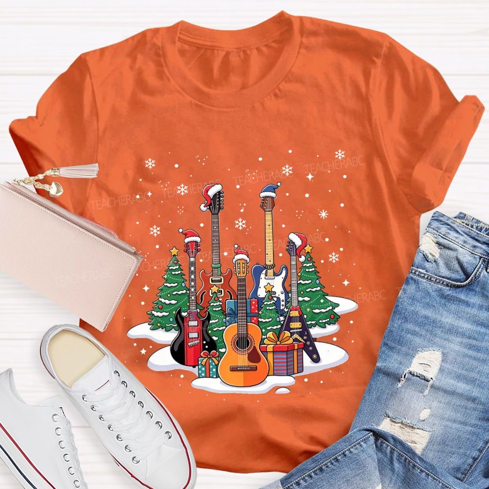 Festive Santa Hat Guitars Christmas Art Teacher T-shirt