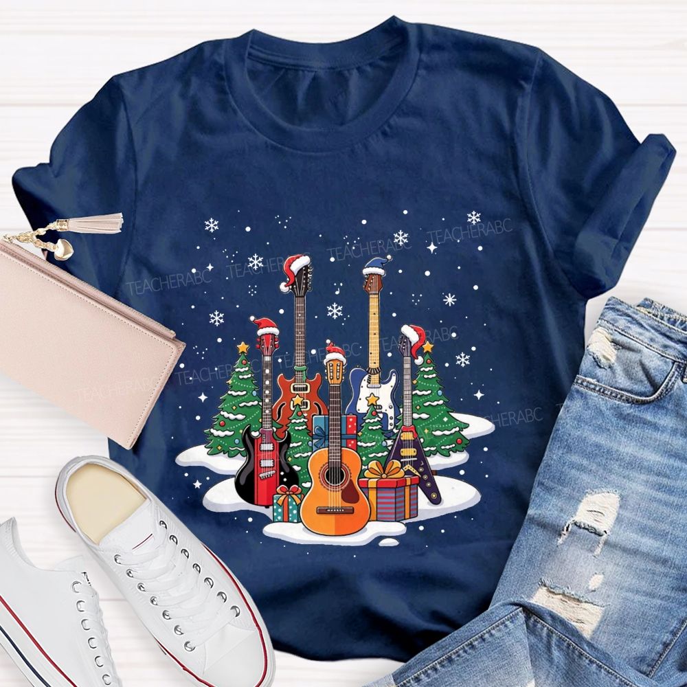 Festive Santa Hat Guitars Christmas Art Teacher T-shirt