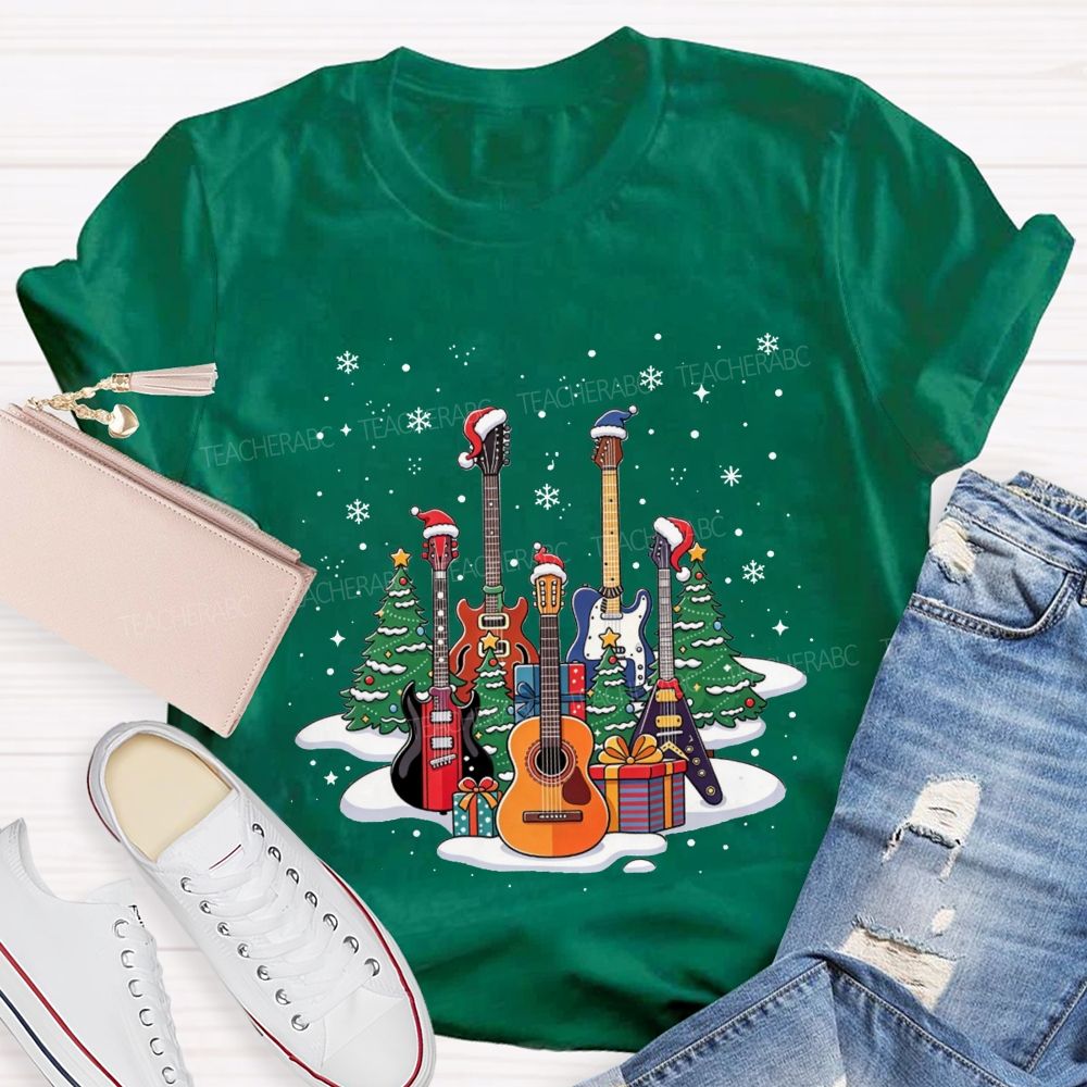 Festive Santa Hat Guitars Christmas Art Teacher T-shirt