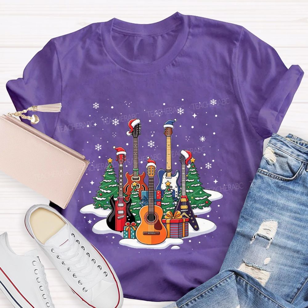 Festive Santa Hat Guitars Christmas Art Teacher T-shirt