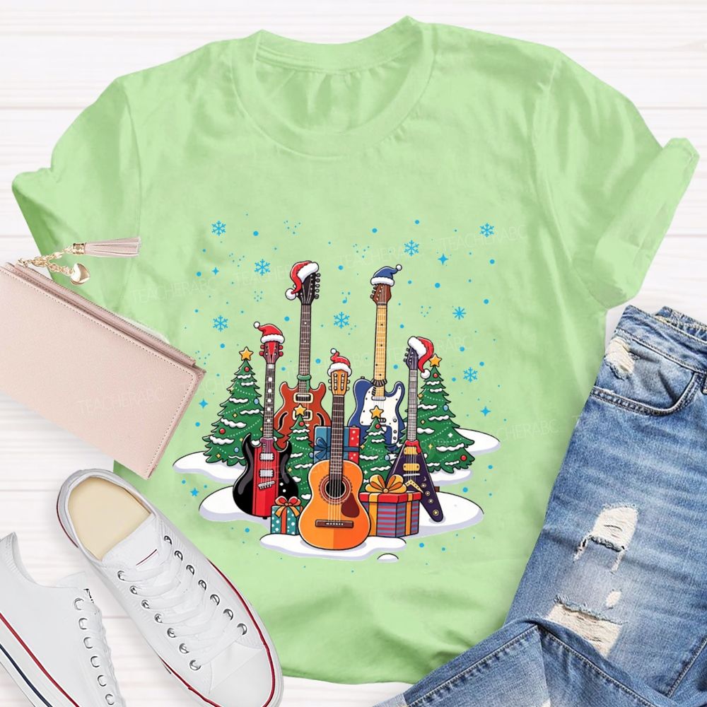 Festive Santa Hat Guitars Christmas Art Teacher T-shirt