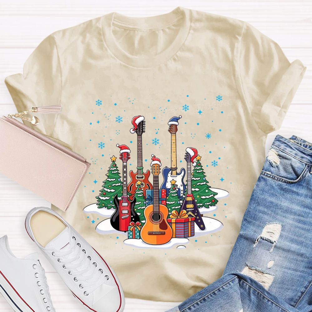 Festive Santa Hat Guitars Christmas Art Teacher T-shirt