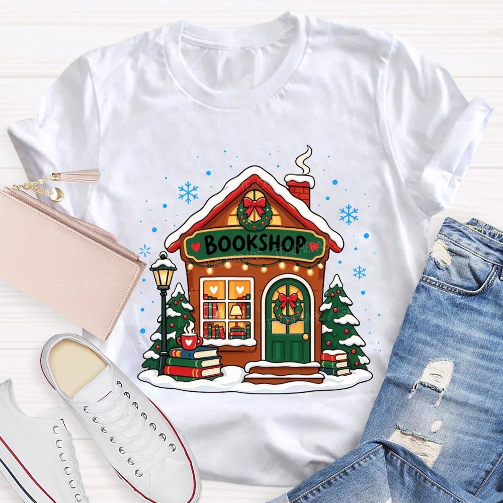 Winter Snow Bookshop House Book Lover Teacher T-shirt