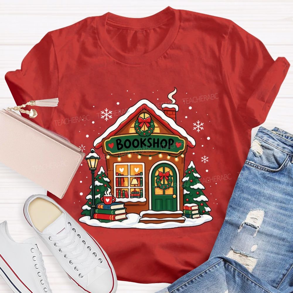 Winter Snow Bookshop House Book Lover Teacher T-shirt
