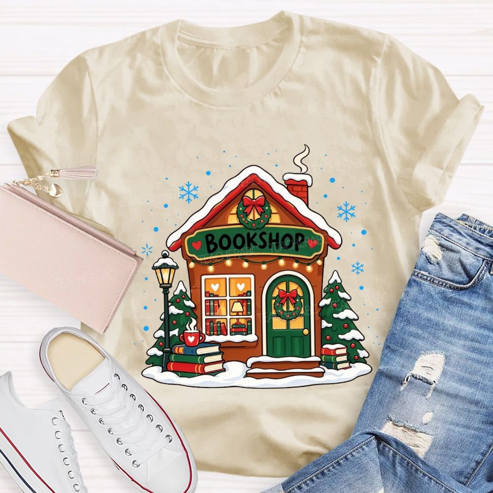 Winter Snow Bookshop House Book Lover Teacher T-shirt