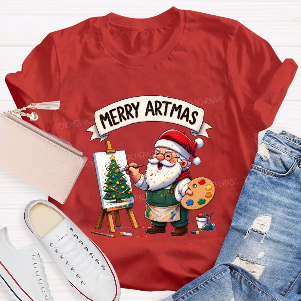 Merry Artmas Santa Claus painting a picture Teacher T-shirt