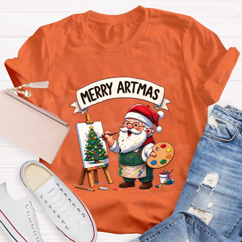 Merry Artmas Santa Claus painting a picture Teacher T-shirt