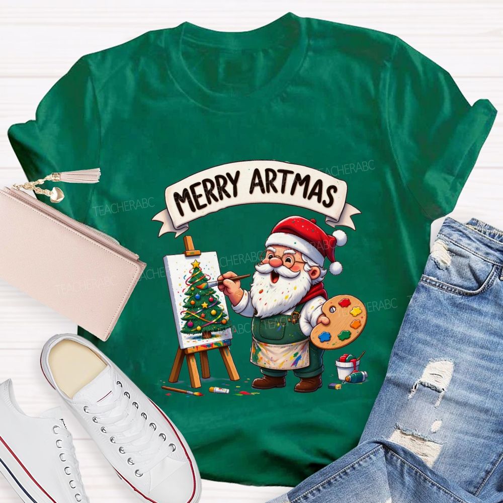 Merry Artmas Santa Claus painting a picture Teacher T-shirt