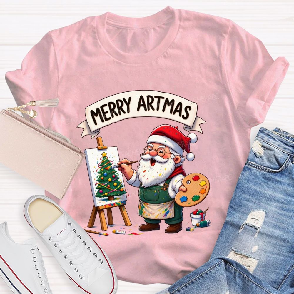 Merry Artmas Santa Claus painting a picture Teacher T-shirt