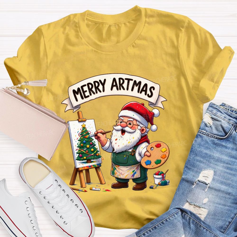Merry Artmas Santa Claus painting a picture Teacher T-shirt