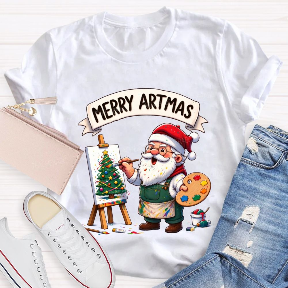 Merry Artmas Santa Claus painting a picture Teacher T-shirt