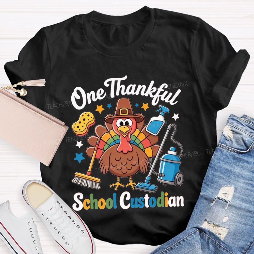 One Thankful School Custodian Thanksgiving Turkey Teacher T-shirt