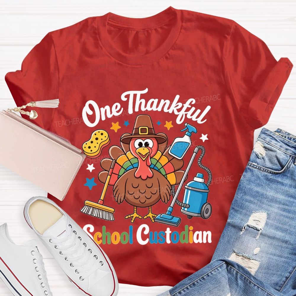 One Thankful School Custodian Thanksgiving Turkey Teacher T-shirt