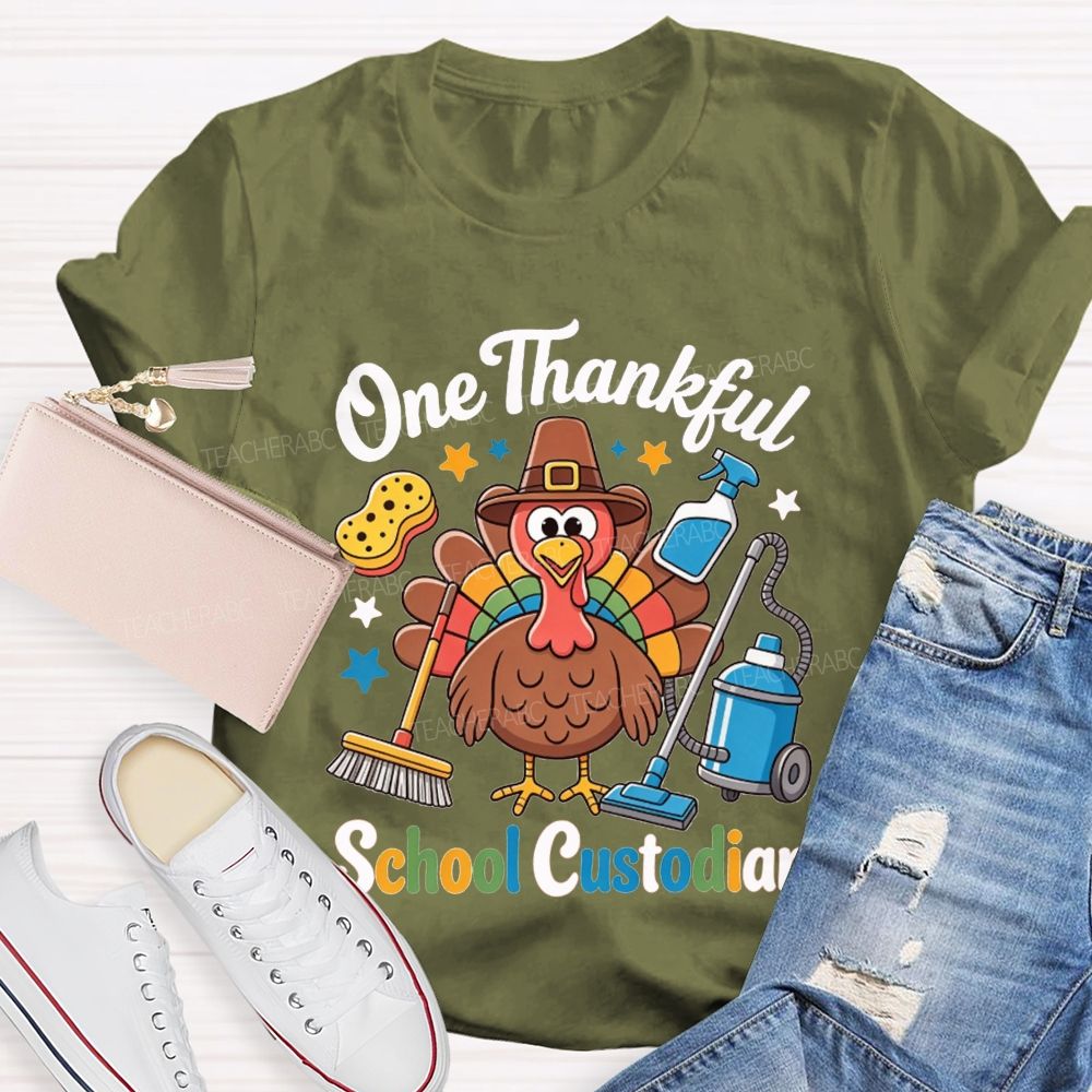 One Thankful School Custodian Thanksgiving Turkey Teacher T-shirt