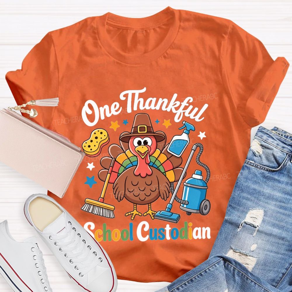 One Thankful School Custodian Thanksgiving Turkey Teacher T-shirt