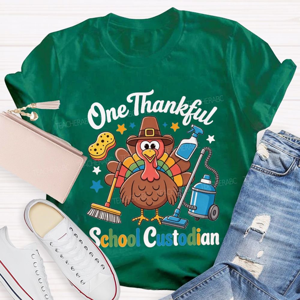 One Thankful School Custodian Thanksgiving Turkey Teacher T-shirt