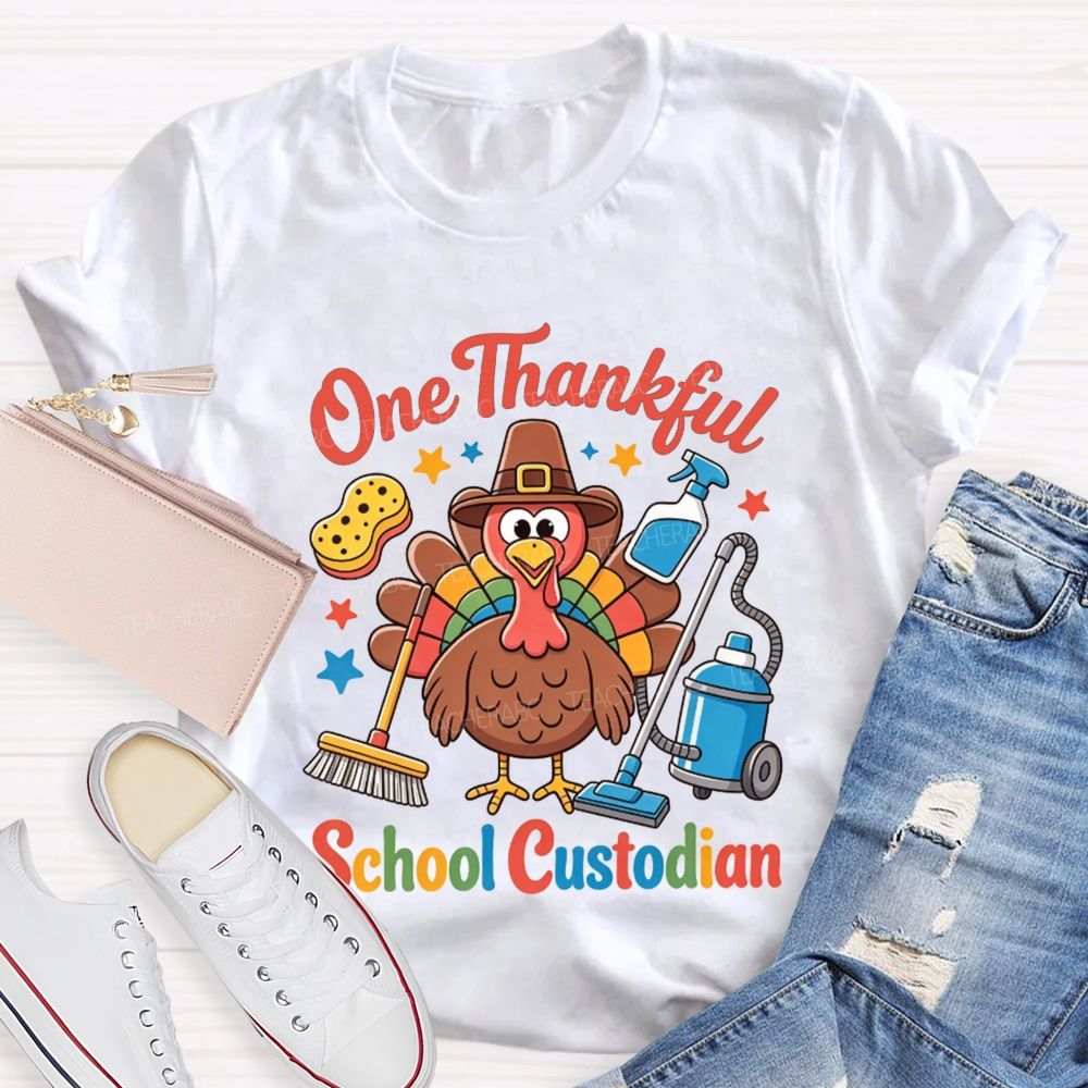 One Thankful School Custodian Thanksgiving Turkey Teacher T-shirt