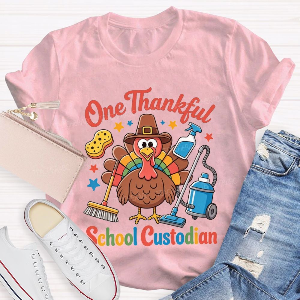 One Thankful School Custodian Thanksgiving Turkey Teacher T-shirt