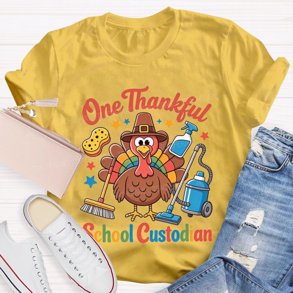 One Thankful School Custodian Thanksgiving Turkey Teacher T-shirt
