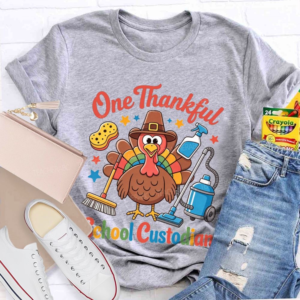 One Thankful School Custodian Thanksgiving Turkey Teacher T-shirt