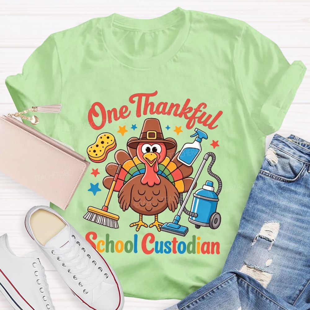One Thankful School Custodian Thanksgiving Turkey Teacher T-shirt
