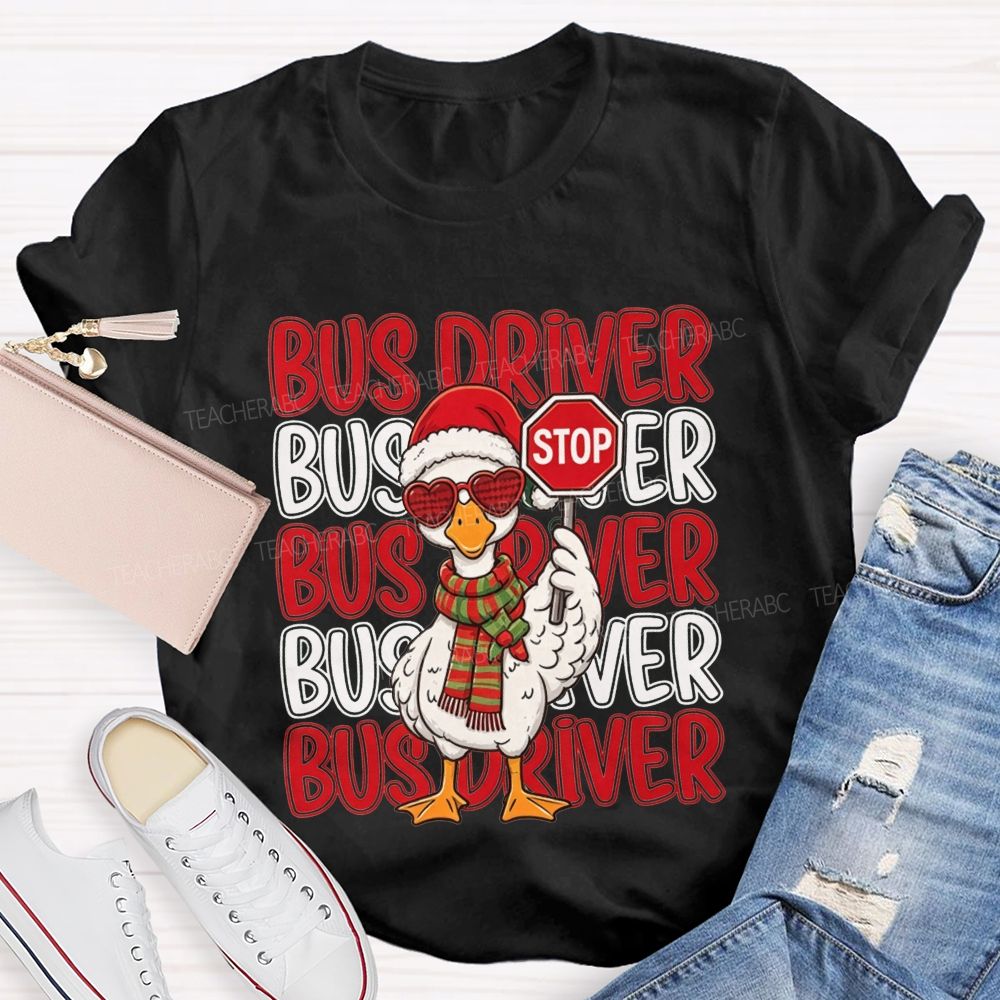 Bus Driver Christmas Duck Santa Duck Holding Stop T-shirt